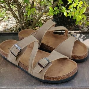 Womens Strappy Buckle Slide Sandals Taupe